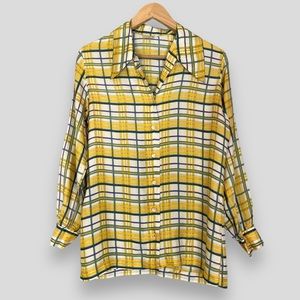 Vintage Plaid Blouse‎ Women Yellow White Top Polyester Dagger Collar Button-Up